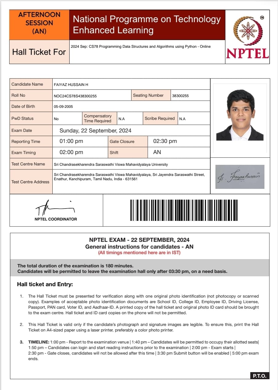 NPTEL DSA Exam Hall Ticket